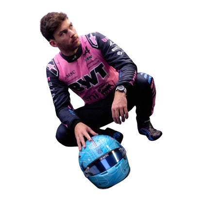 Pierre Gasly wearing a Alpine racing suit with various sponsor logos with right View