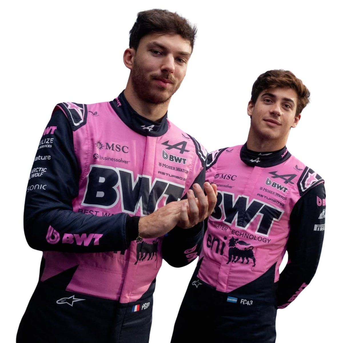 Pierre Gasly wearing a Alpine racing suit with various sponsor logos with Close View