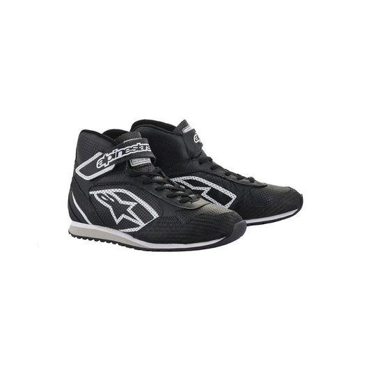 Black high-top RADAR Mechanic Race shoes with white accents on a white background