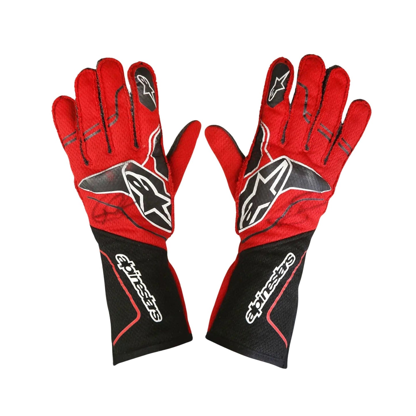 Red and black Romain Grosjean 2023 IndyCar Race gloves with a brand logo on a white background