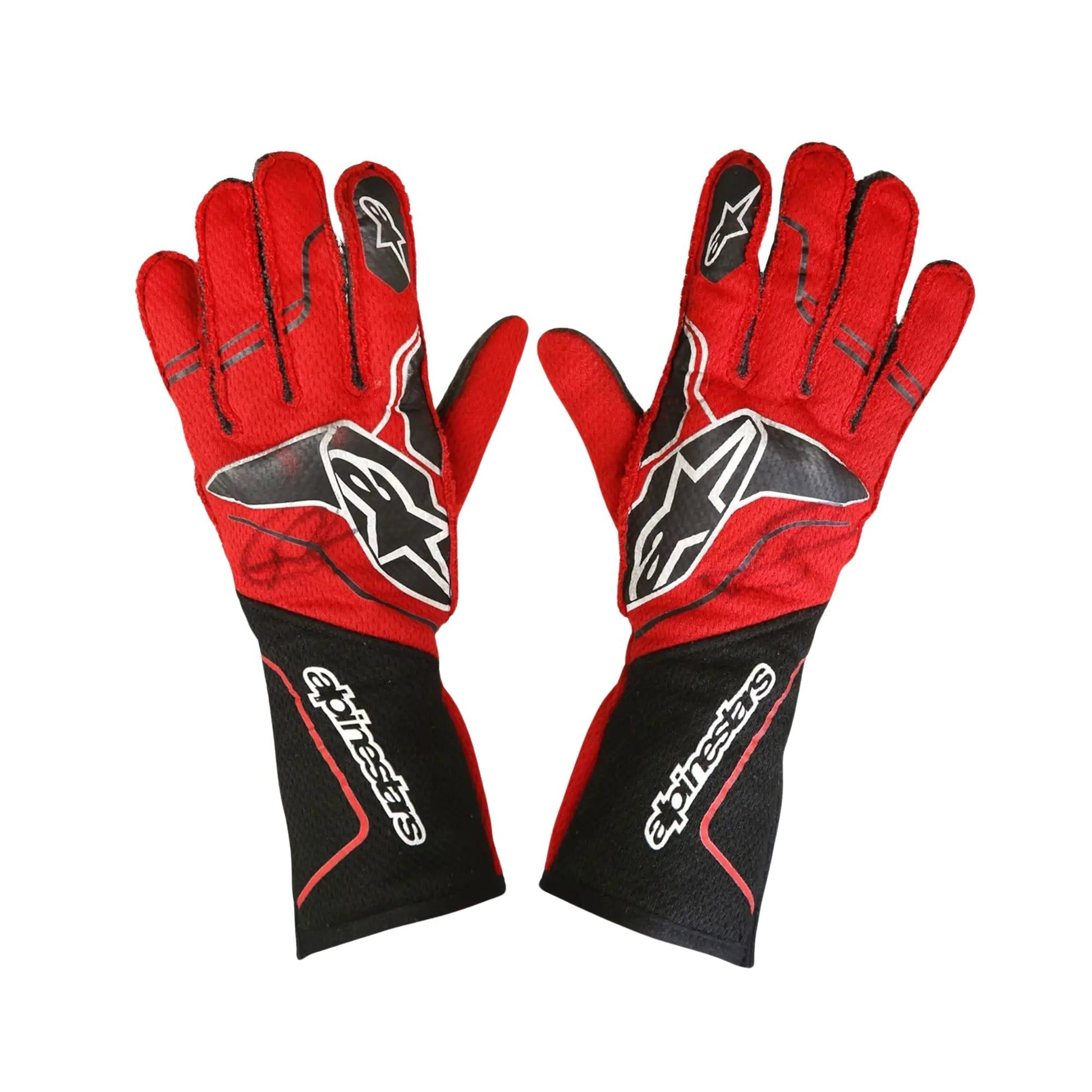Red and black Romain Grosjean 2023 IndyCar Race gloves with a brand logo on a white background