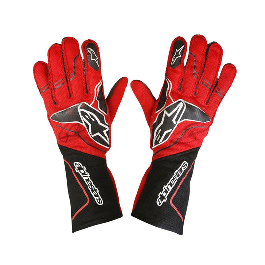 Red and black Romain Grosjean 2023 IndyCar Race gloves with a brand logo on a white background