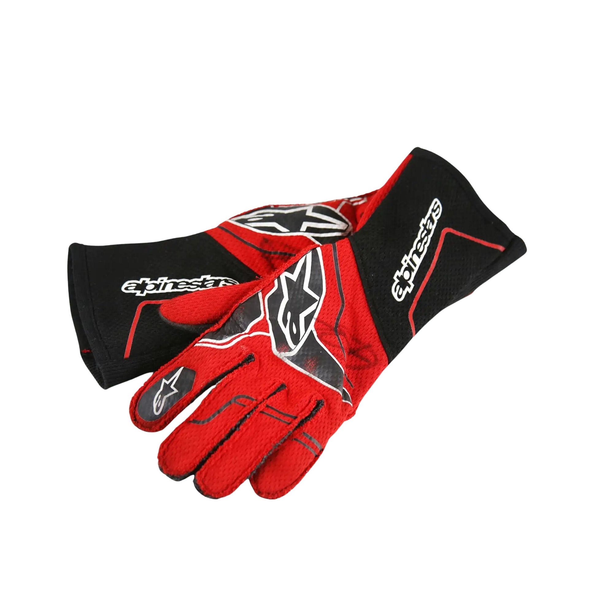Red and black Romain Grosjean 2023 IndyCar Race glove with Alpinestars logo on a white background