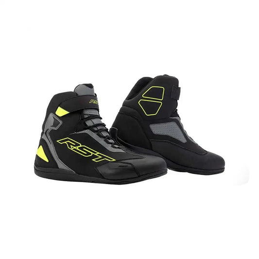 Black Sabre Moto Racing motorcycle boots with yellow accents and RST branding on a white background