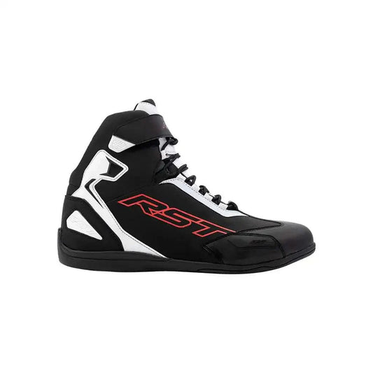 Black and white high-top Sabre Moto Race shoe with red logo on a white background