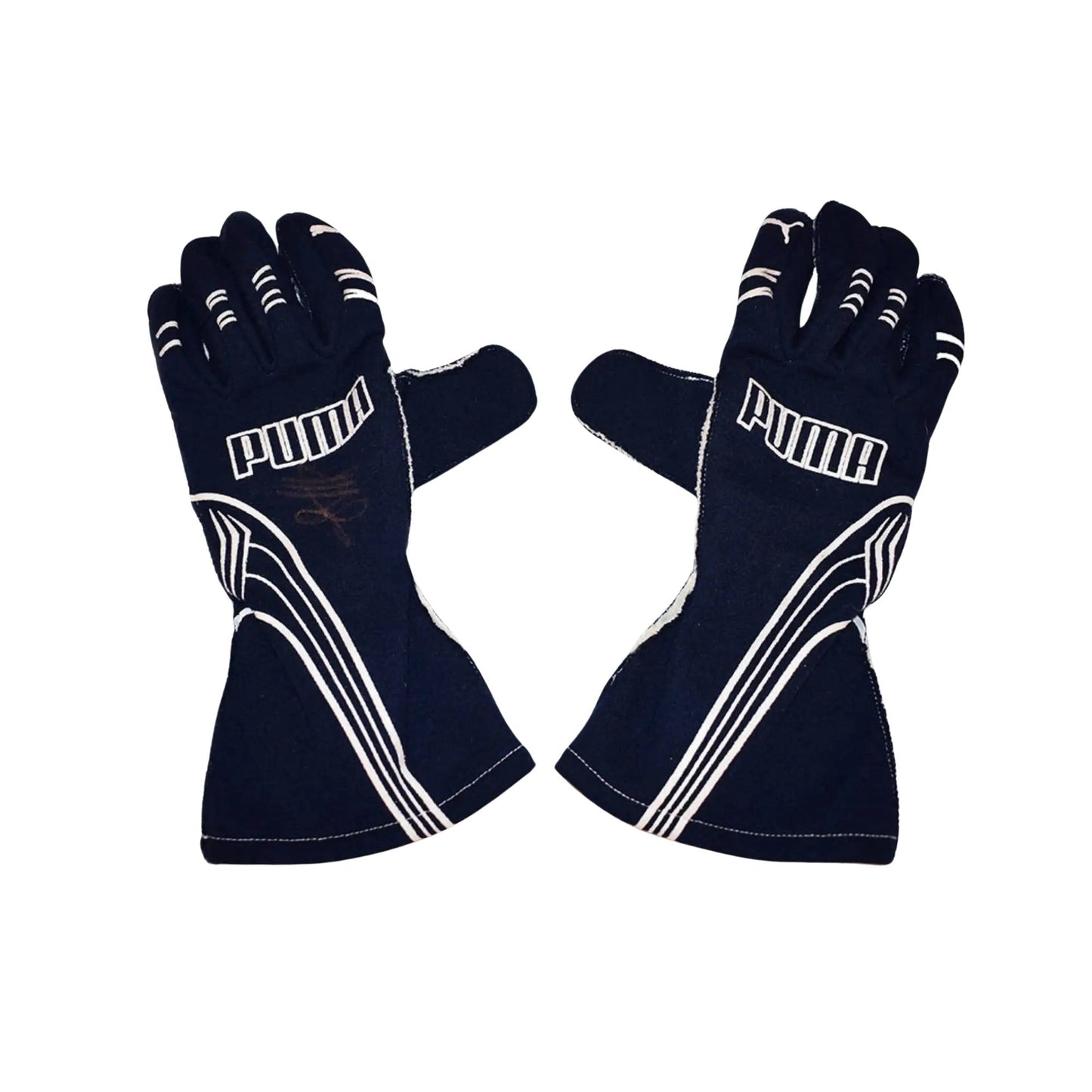 Pair of black Sebastian Vettel 2007/8 F1 race gloves with white accents on a white background