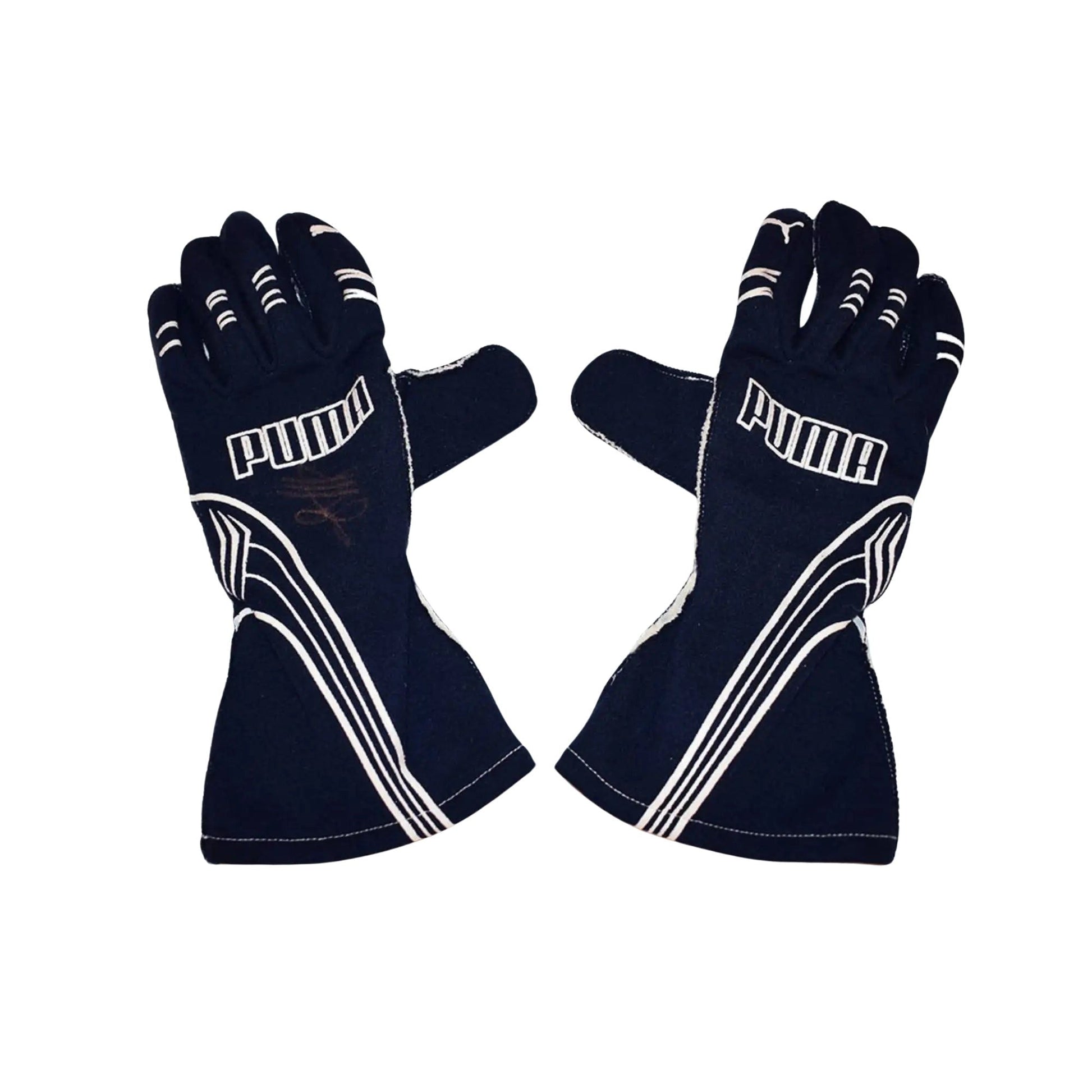 Pair of black Sebastian Vettel 2007/8 F1 race gloves with white accents on a white background