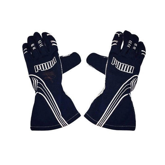Pair of black Sebastian Vettel 2007/8 F1 race gloves with white accents on a white background