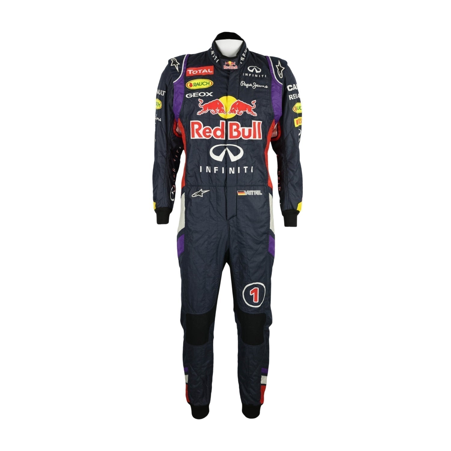 Front view of Sebastian Vettel’s 2014 F1 racing suit featuring deep blue with vibrant red and yellow accents, symbolizing energy and speed.