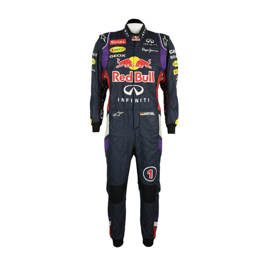 Front view of Sebastian Vettel’s 2014 F1 racing suit featuring deep blue with vibrant red and yellow accents, symbolizing energy and speed.