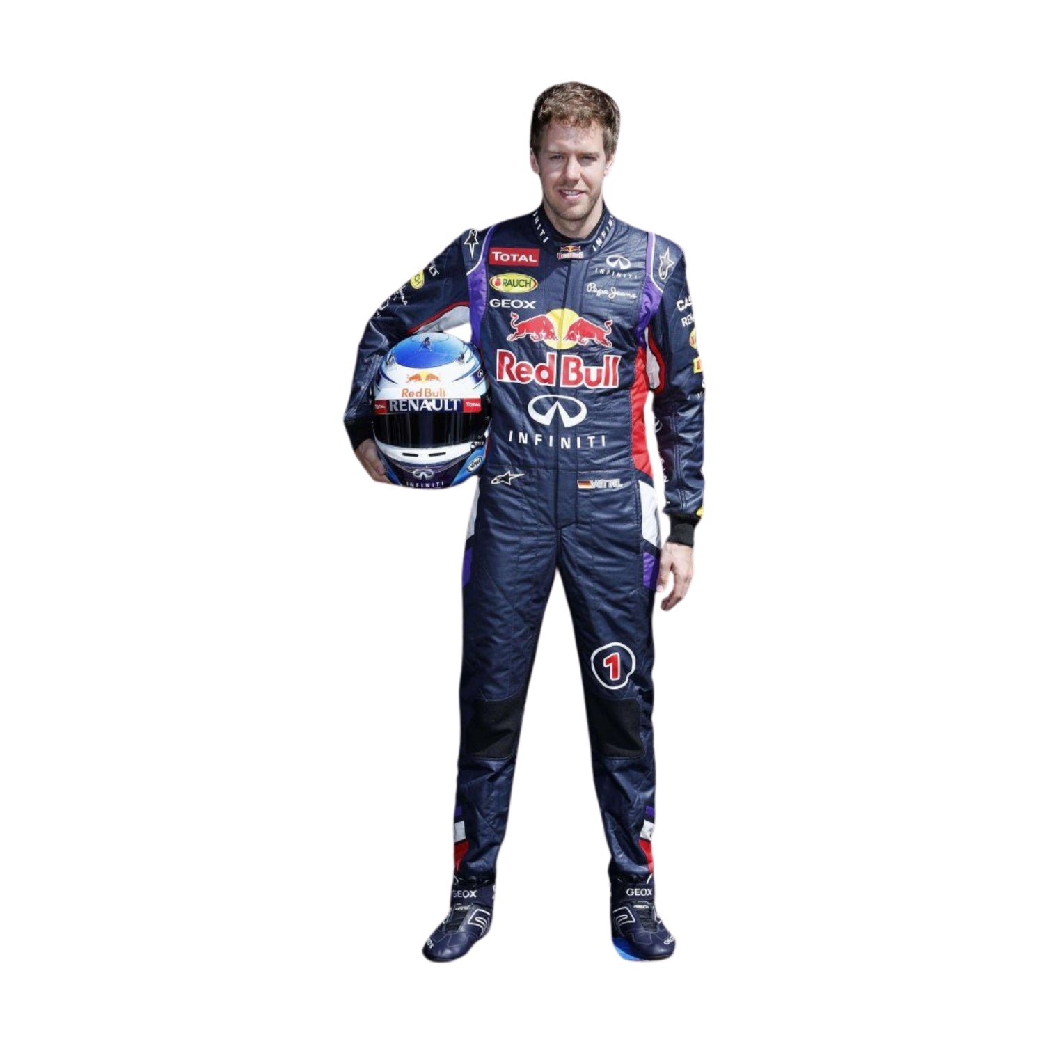Front view of Sebastian Vettel’s 2014 F1 racing suit featuring deep blue with vibrant red and yellow accents, symbolizing energy and speed.