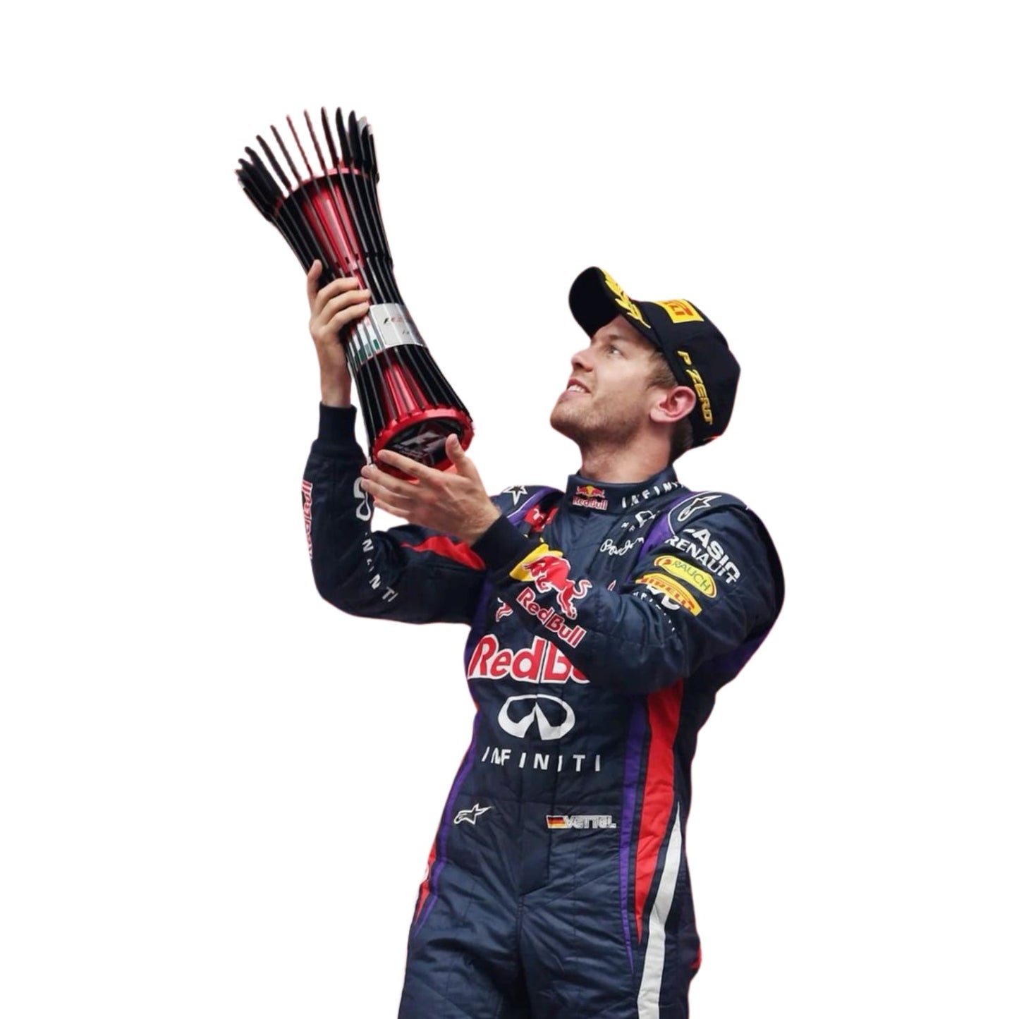 Close-up of Sebastian Vettel’s 2014 racing suit fabric, showing deep blue color combined with red and yellow sponsor logos and stitching.