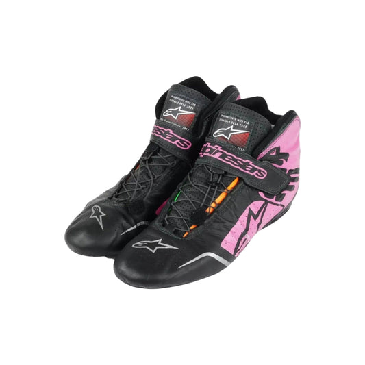 Black and pink Sergio Perez 2017 F1 Race shoes with brand logo on a white background