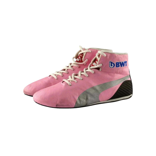 Pink high-top Sergio Perez 2019 F1 race shoes with white laces and a gray sole on a white background, featuring the BWT logo.