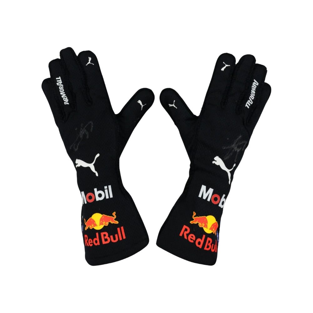 Black Sergio Perez 2022 F1 race gloves with Red Bull and Puma logos on a white background
