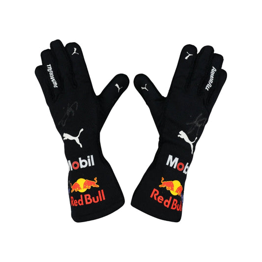 Black Sergio Perez 2022 F1 race gloves with Red Bull and Puma logos on a white background