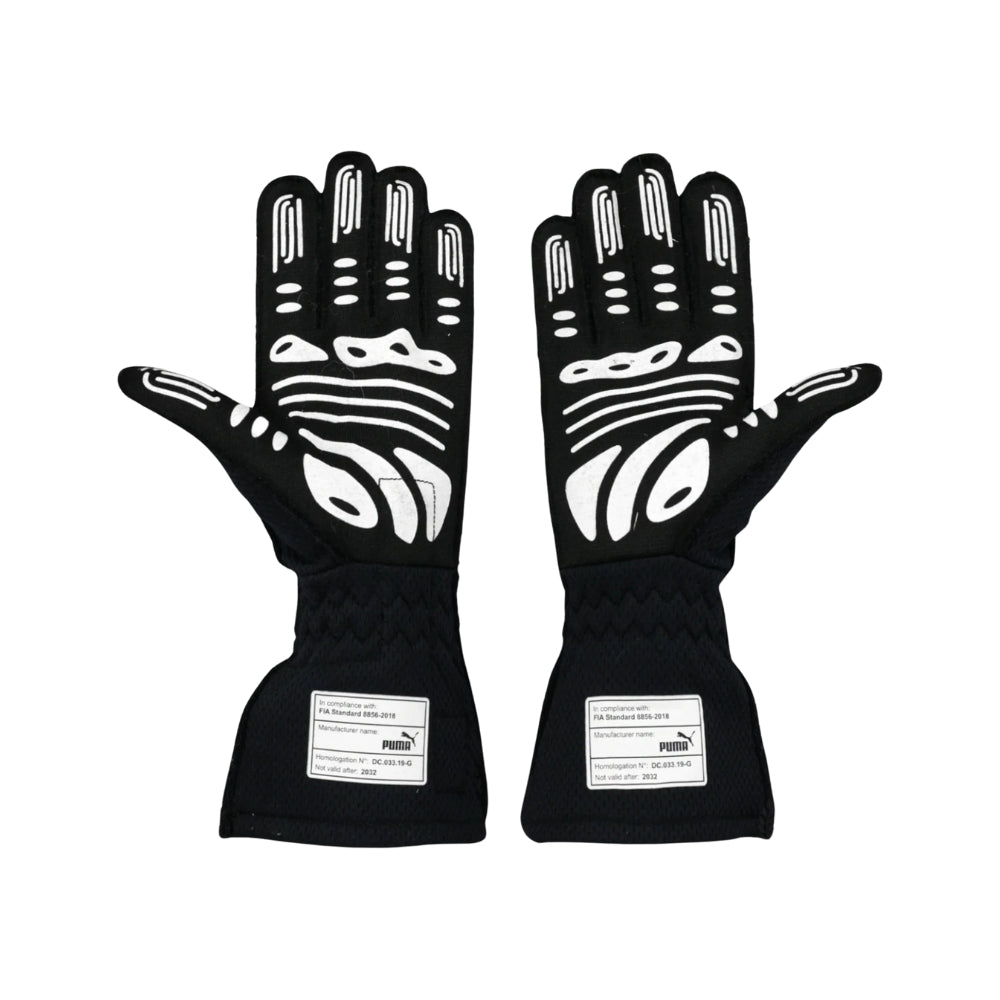 Pair of black Sergio Perez 2022 F1 race gloves with white patterns on a white background