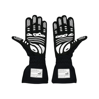 Pair of black Sergio Perez 2022 F1 race gloves with white patterns on a white background