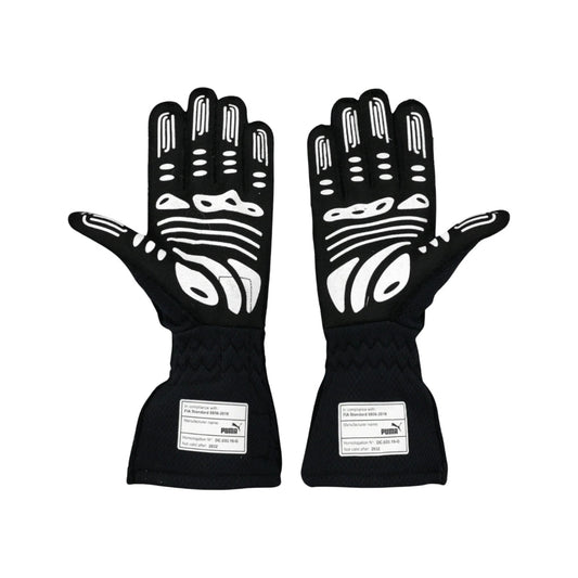Pair of black Sergio Perez 2022 F1 race gloves with white patterns on a white background