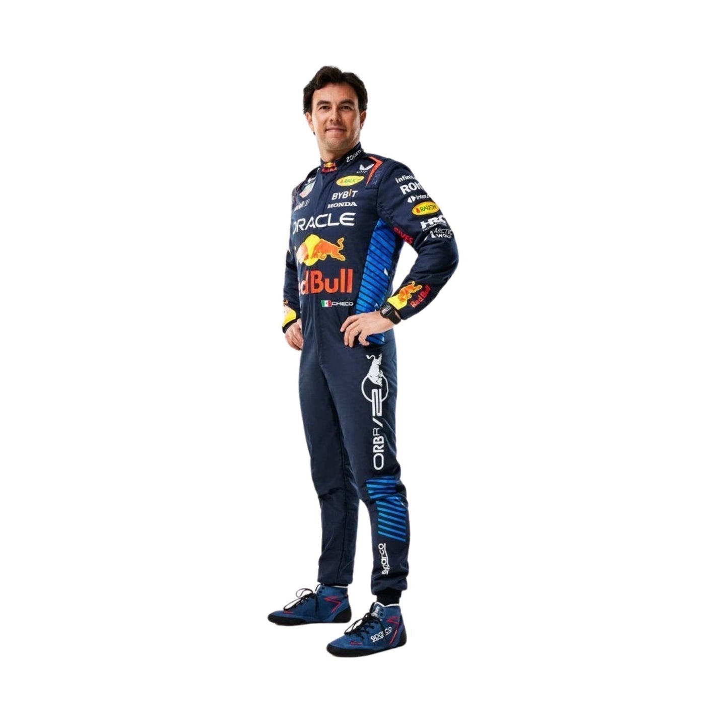 Side profile of the Sergio Perez 2024 posing infront of white background