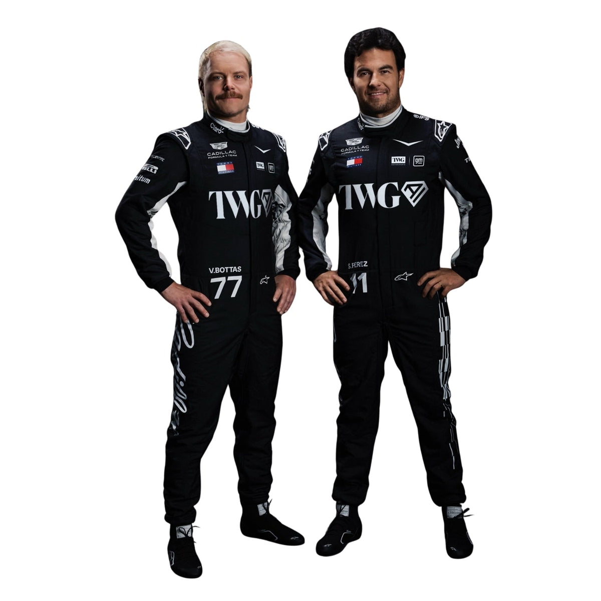 Sergio Perez wearing a Cadlliac racing suit with various sponsor logos with Front View