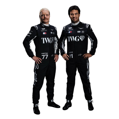 Sergio Perez wearing a Cadlliac racing suit with various sponsor logos with Front View
