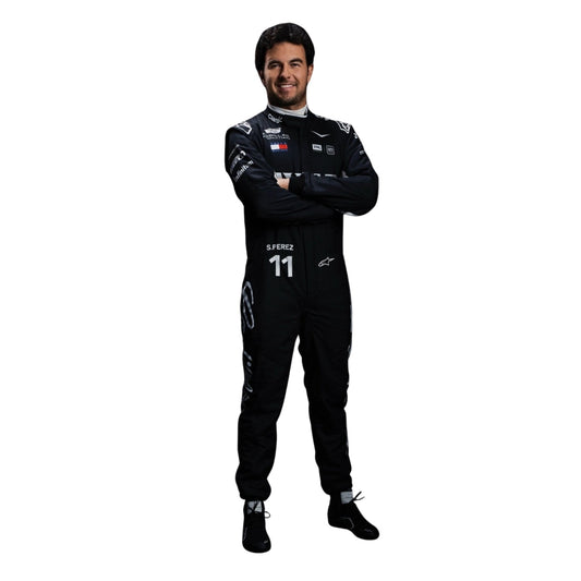 Sergio Perez wearing a Cadlliac racing suit with various sponsor logos with Close View