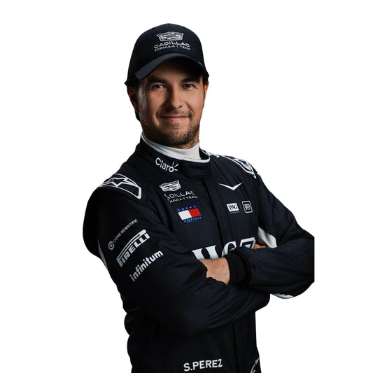 Sergio Perez wearing a Cadlliac racing suit with various sponsor logos with Close View