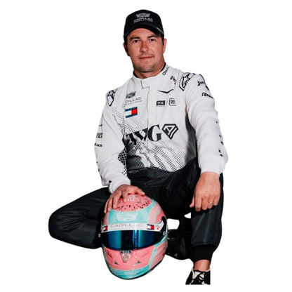 Sergio Perez wearing a Cadillac Miami GP racing suit with various sponsor logos with Close View