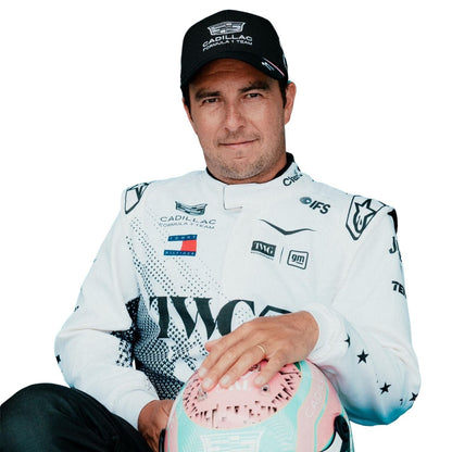 Sergio Perez wearing a Cadillac Miami GP racing suit with various sponsor logos with Close View