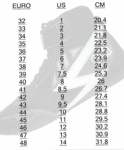 Shoe size chart converting between Euro, US, and CM measurements.