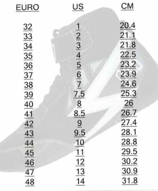 Shoe size chart converting between Euro, US, and CM measurements.