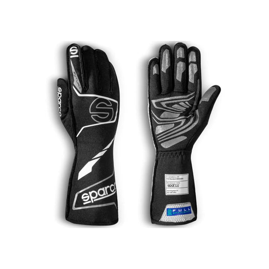 Pair of Sparco Futura black race gloves with Sparco branding on a white background
