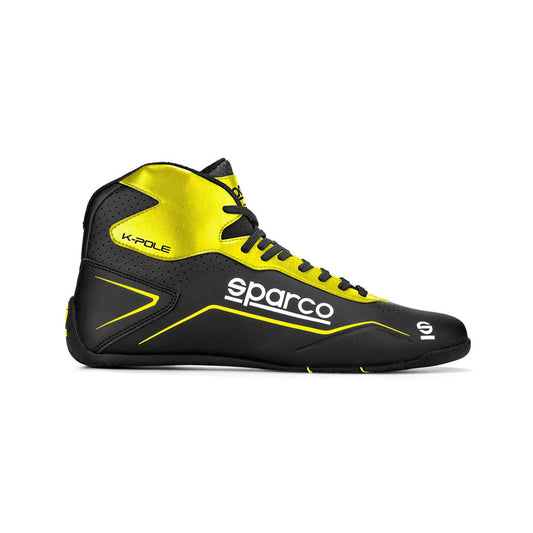 Black and yellow Sparco K-Pole Kart race shoe with 'Sparco' branding on a white background