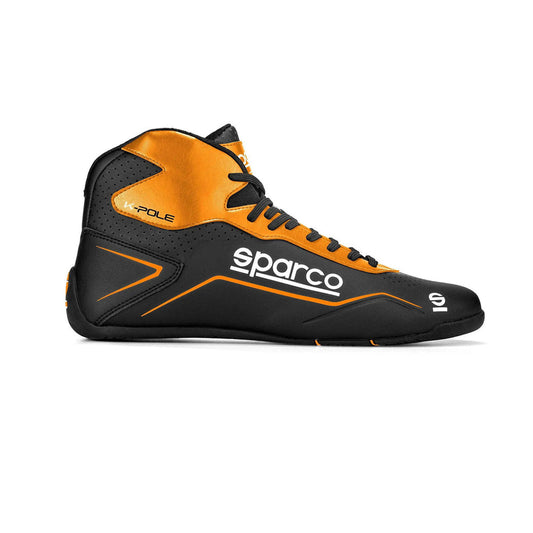 Black and orange Sparco K-Pole Kart race shoe with 'Sparco' branding on a white background