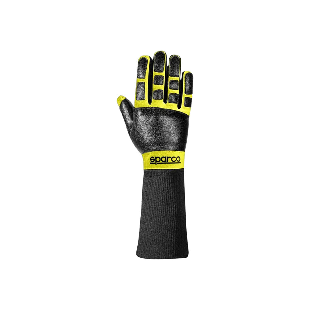 Black Sparco R-Tide MECA Mechanics Kart race glove with yellow accents and 'Sparco' branding on a white background