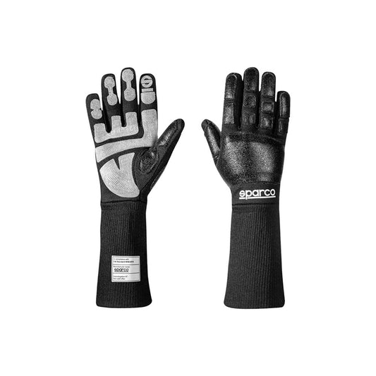 Pair of black Sparco R-Tide MECA Mechanics Kart race gloves on a white background