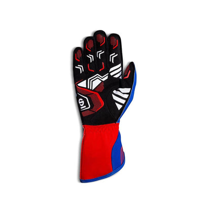 Sparco Record Kart Red, black, and blue race glove on a white background