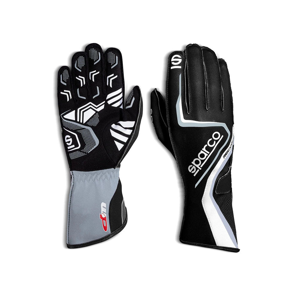 Pair of black and gray Sparco Record WP Kart race gloves with visible branding on a white background