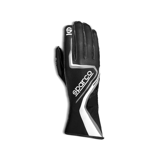 Black and white Sparco Record WP Kart race glove on a white background
