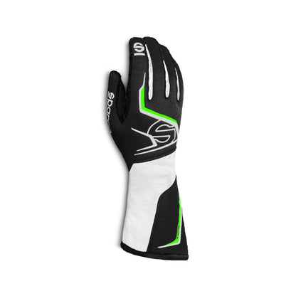 Sparco TIDE K kart Black, white, and green race glove on a white background