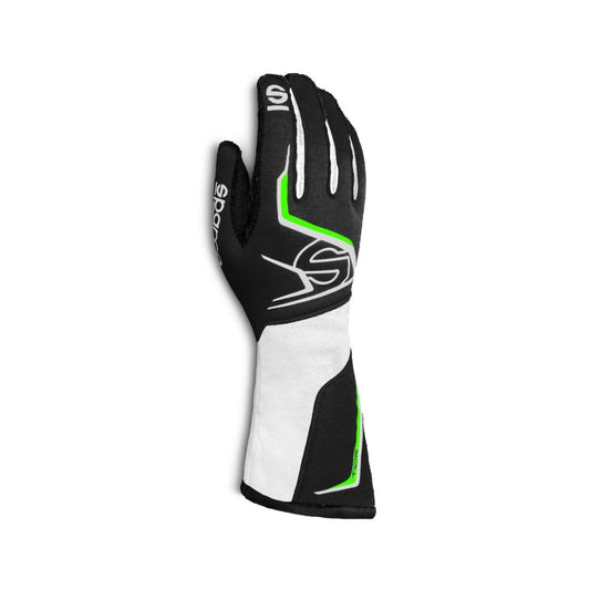 Sparco TIDE K kart Black, white, and green race glove on a white background