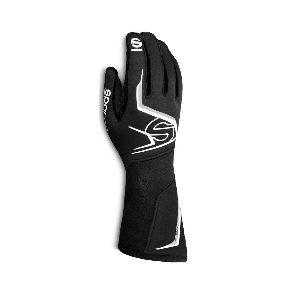 Sparco TIDE K kart Black race glove with white accents on a white background