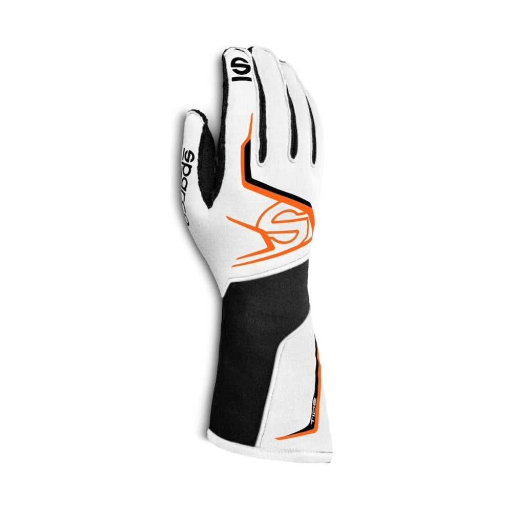 Sparco TIDE K kart White and black glove with orange accents on a white background