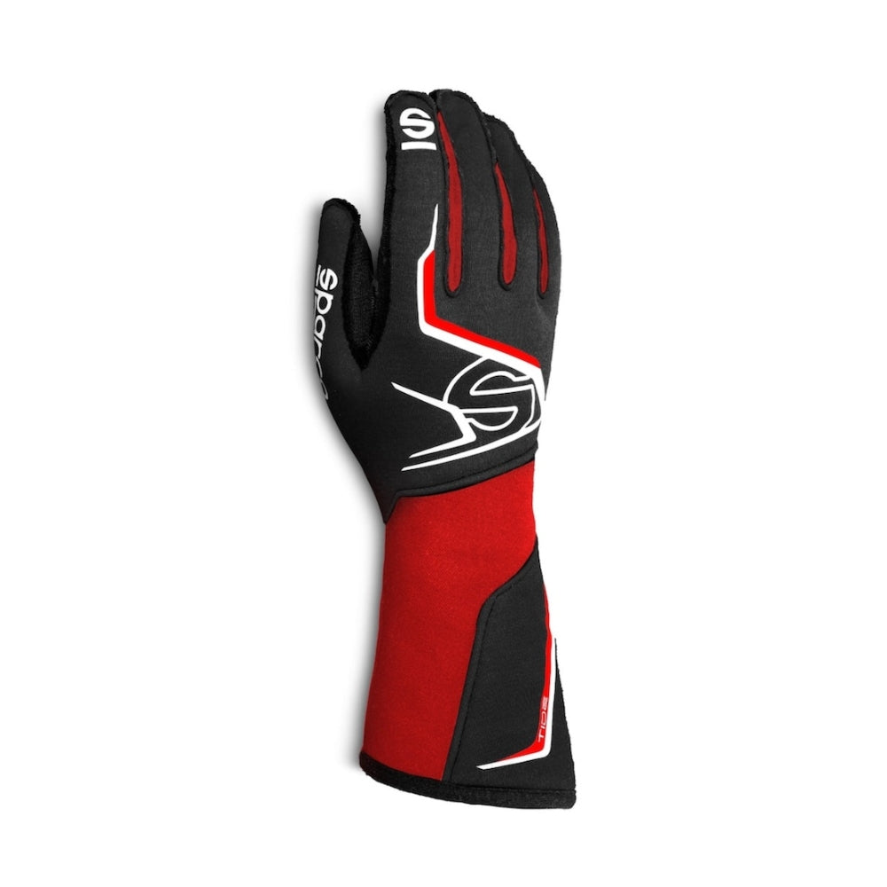 Sparco TIDE K kart Black and red race glove with branding on a white background