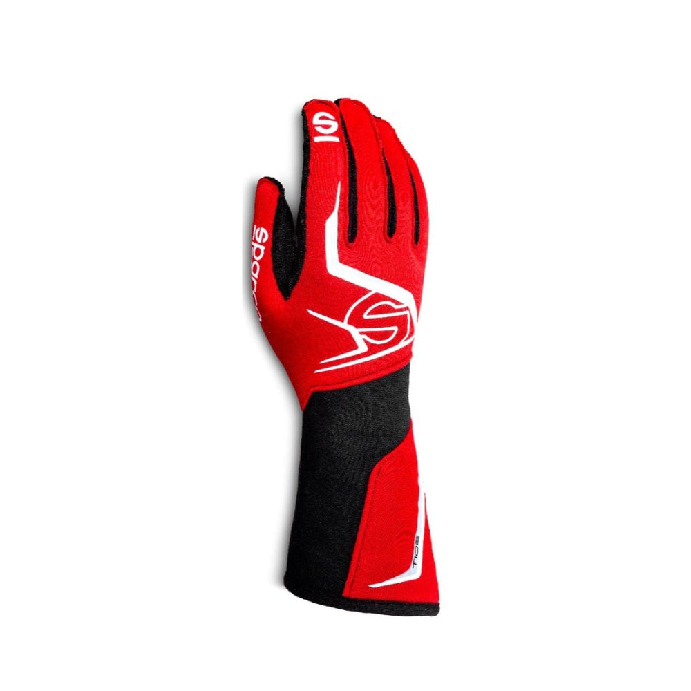 Sparco TIDE K kart Red and black race glove with branding on a white background