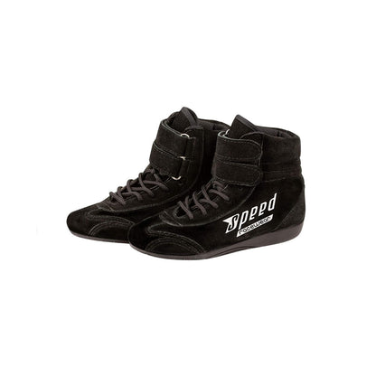 Black high-top Speed S-1 Race shoes with a brand logo on a white background