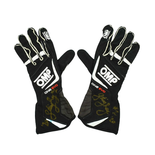 Pair of black Sting Ray Robb 2020 Indy Pro 2000 race gloves with OMP logo on a white background