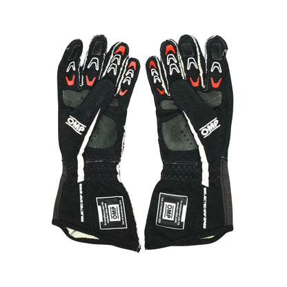 Pair of black Sting Ray Robb 2020 Indy Pro 2000 race gloves with red accents on a white background
