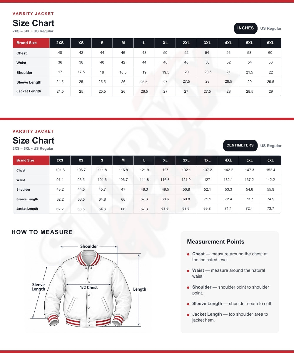 A size chart and measurement guide for a varsity jacket, showing brand sizes XXS through 6XL with height, chest, waist, shoulder, sleeve length, and jacket length in inches and centimeters. Includes a how-to-measure diagram with labeled points on the body, sleeve, and jacket.